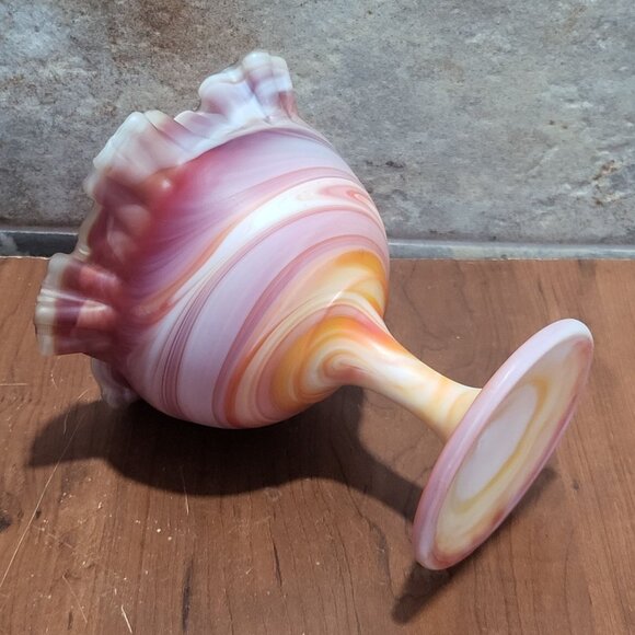 Slag Glass Orange Red Swirl Crimped Candy Trinket Dish - Picture 8 of 11